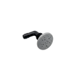 An angled view of a grey Edgetec O2 spa air injector fitting showing the round textured multi hole face cap attached to a black 90 degree barbed plumbing elbow