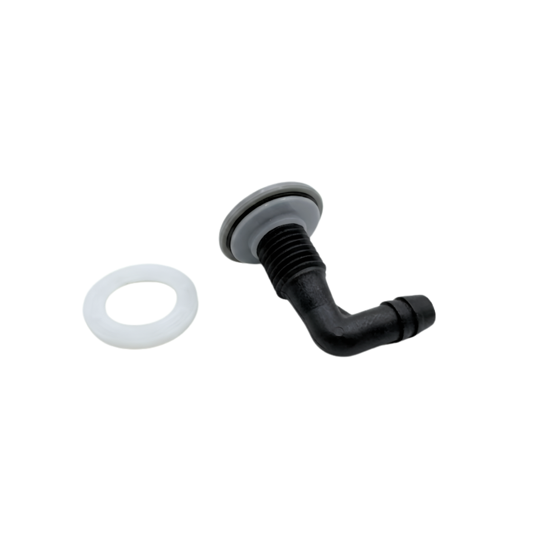 An exploded side view of a grey Edgetec O2 spa air injector fitting showing the white plastic mounting washer next to the threaded black elbow body with rubber gaskets