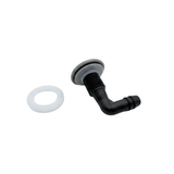 An exploded side view of a grey Edgetec O2 spa air injector fitting showing the white plastic mounting washer next to the threaded black elbow body with rubber gaskets