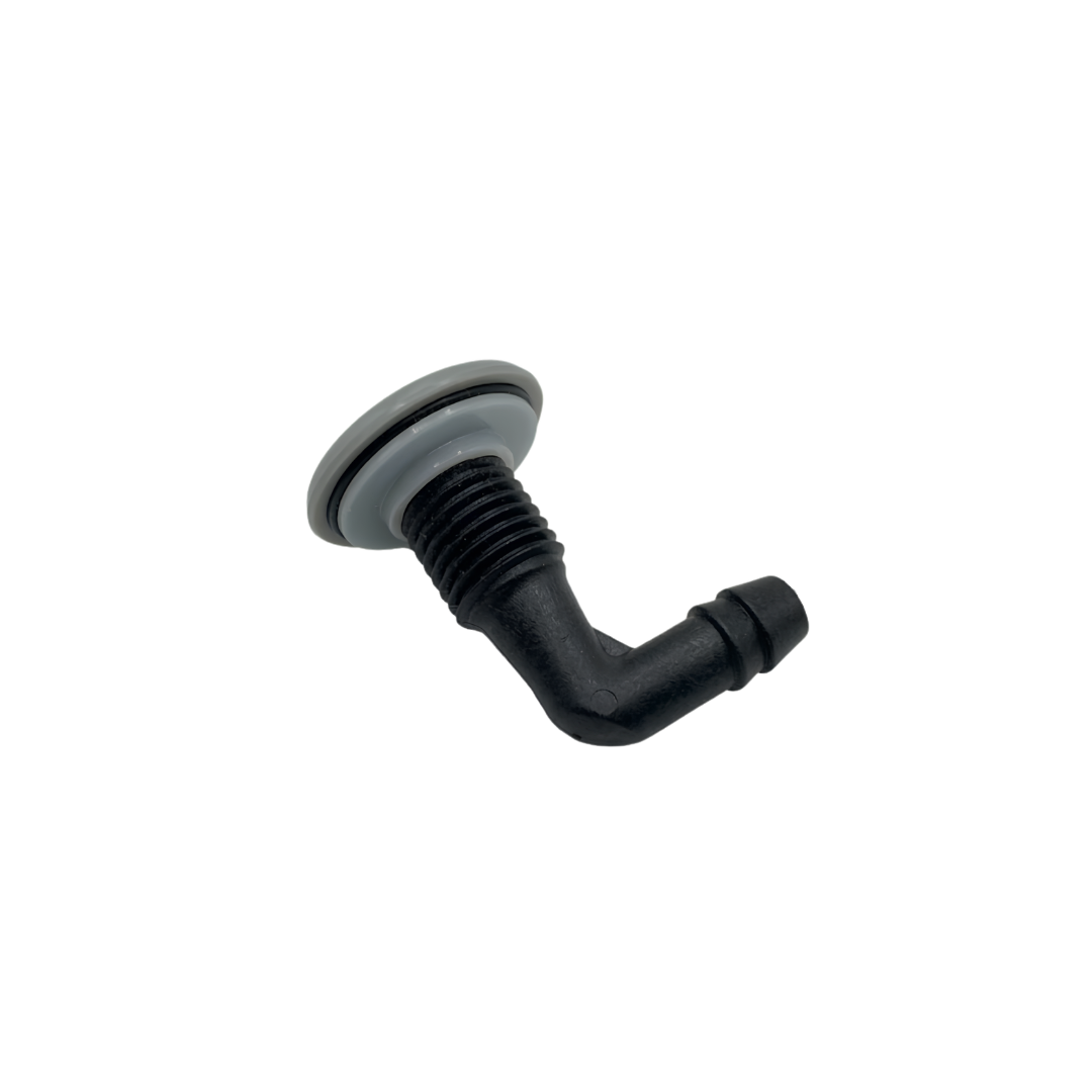 A rear angled side view of a grey Edgetec O2 spa air injector fitting showing the sealing washer gaskets behind the face cap and deep threads on the black 90 degree elbow barb