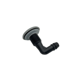 A rear angled side view of a grey Edgetec O2 spa air injector fitting showing the sealing washer gaskets behind the face cap and deep threads on the black 90 degree elbow barb