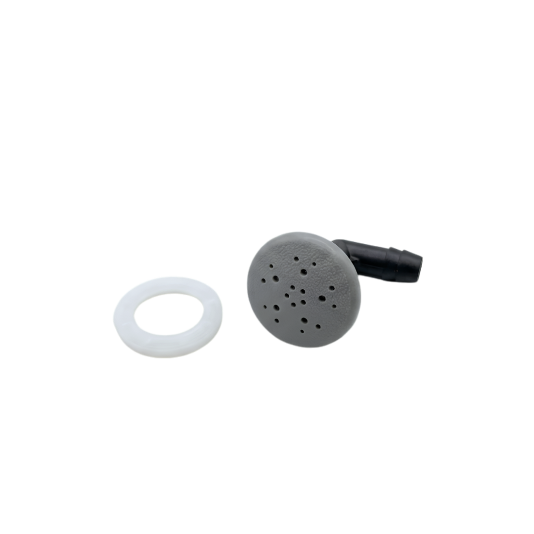 Front view of a grey Edgetec O2 spa air injector fitting with its textured multi hole face cap shown next to an unattached white plastic mounting washer