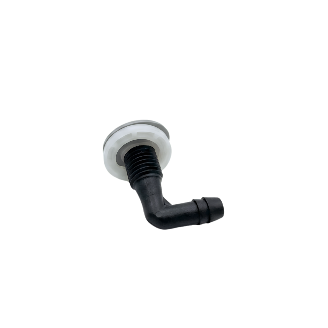 A rear angled side view of a grey Edgetec O2 spa air injector fitting showing a white plastic lock nut threaded onto the black 90 degree elbow barb housing