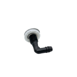 A rear angled side view of a grey Edgetec O2 spa air injector fitting showing a white plastic lock nut threaded onto the black 90 degree elbow barb housing