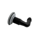 A side profile view of a grey Edgetec O2 spa air injector fitting showcasing the rubber sealing gasket and white plastic backing collar on the black 90 degree elbow thread body