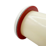 A macro close up view of an Edgetec spa air button showing the underside layout with the white cap rim, grey foam buffer ring, red rubber washer gasket, and cream mounting barrel