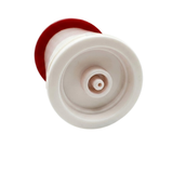 A bottom underside view of an Edgetec spa pneumatic air button actuator showing the round hollow hose nipple connection port and cream colored base shell