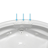 An overhead view of three white Edgetec spa air buttons installed in a row along the top rim of a white acrylic bathroom spa pointed out by blue arrows