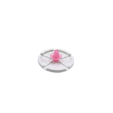 An alternate angled view of a pink replacement air injector cone mounted in the center of a white plastic circular air injector cover plate for Edgetec spa jets