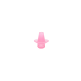 A straight on eye level view of a small pink semi translucent plastic replacement air injector cone for Edgetec spa jets showing its symmetrical tapering nozzle
