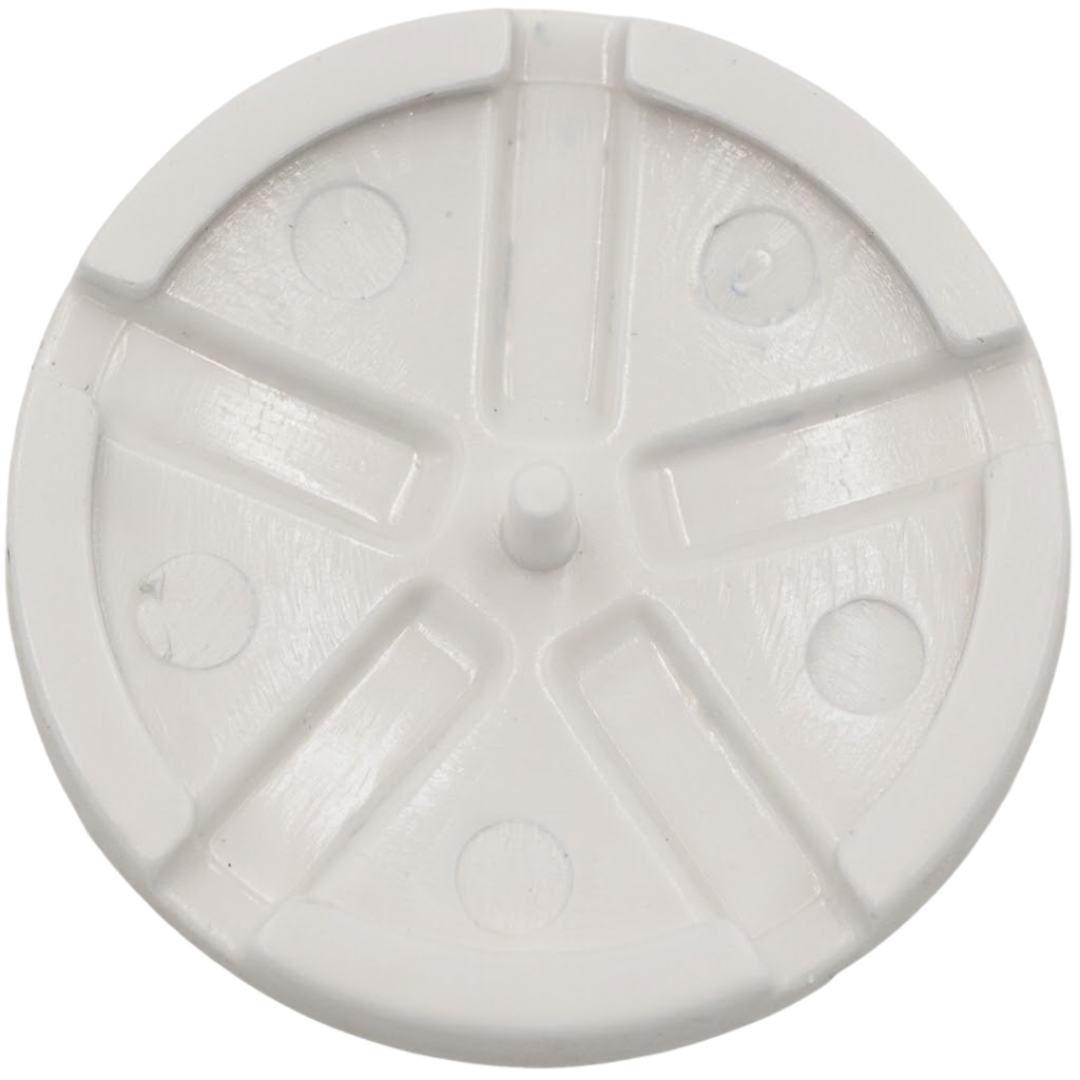 Rear view of a white Edgetec spa air injector cover showing the center pin attachment and back structural molding.