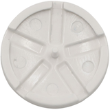Rear view of a white Edgetec spa air injector cover showing the center pin attachment and back structural molding.