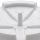 Macro close-up shot of the rear mounting pin and molded spokes on a white Edgetec spa air injector cover cap.