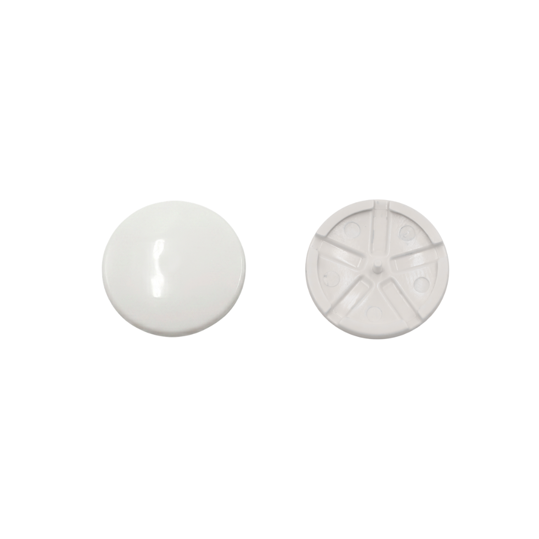 Front and back view of white Edgetec spa air injector caps, showing the smooth dome face and rear mounting pin structure.
