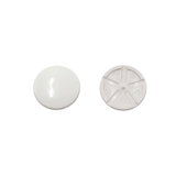 Front and back view of white Edgetec spa air injector caps, showing the smooth dome face and rear mounting pin structure.