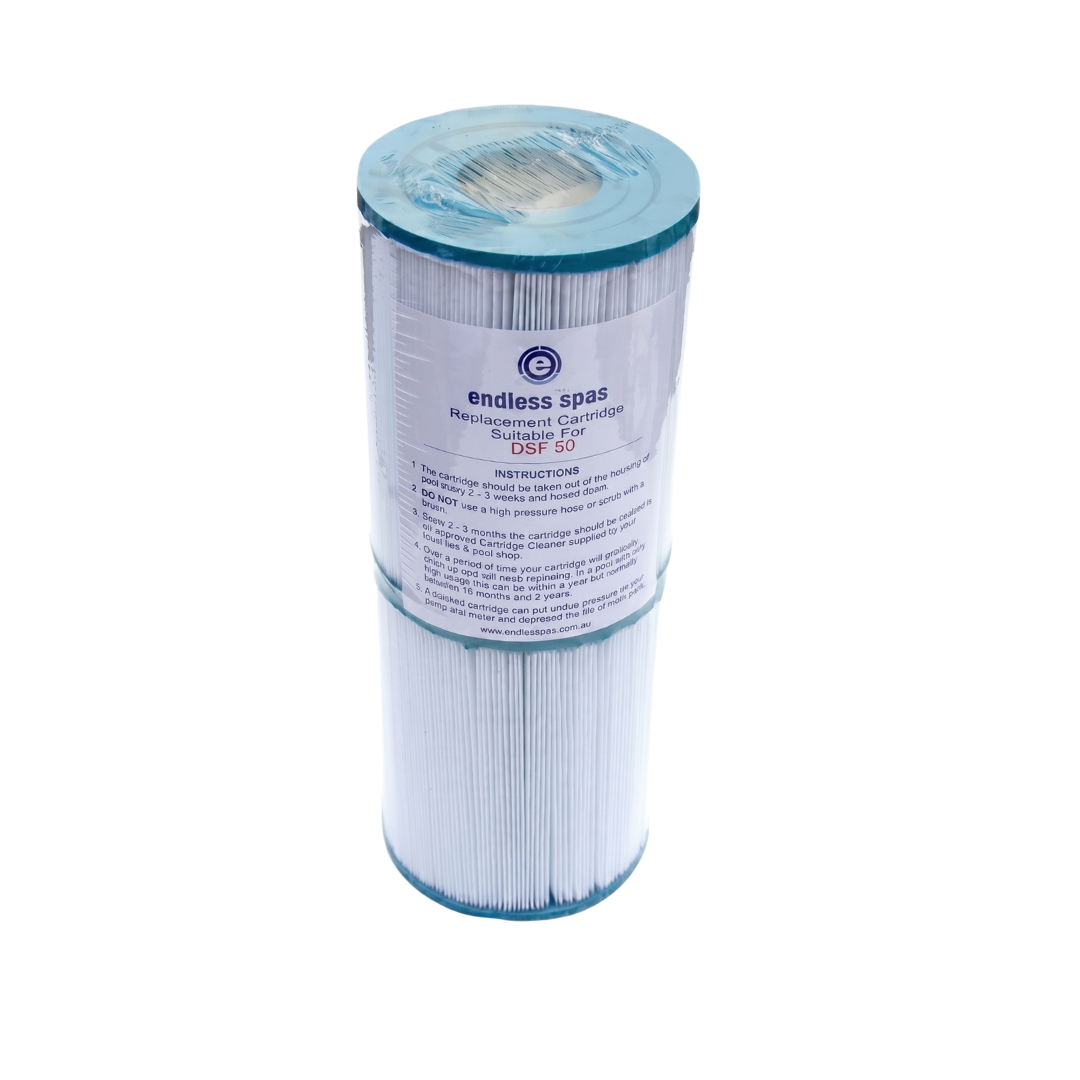 Full retail packaging view of an Endless Spas replacement cartridge set suitable for DSF50 hot tubs wrapped in clear plastic with a printed instruction label