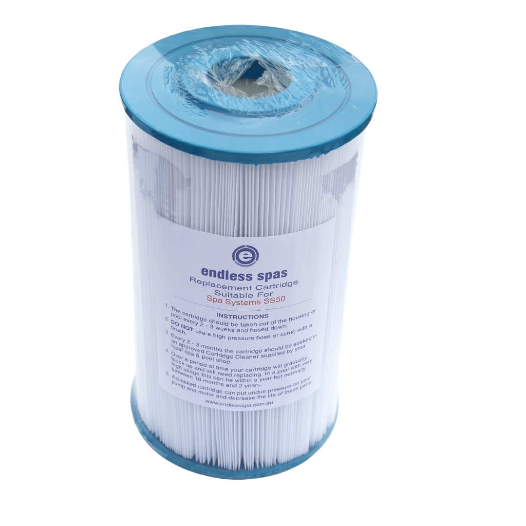 Endless Spas SS50 replacement filter cartridge wrapped in plastic with instructional label