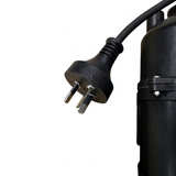 Close-up view of an Australian standard three-pin power plug attached to the cable of an Enhance Heated Spa Bath Blower, isolated on white.