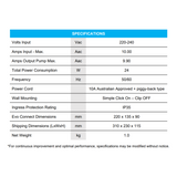 Technical specifications table for the Evo Connect heat pump controller detailing input voltage, power consumption, dimensions, and IP35 rating.