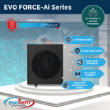 EvoHeat Evo Force-Ai Series pool heat pump featuring AI Optimum technology, R32 refrigerant, Solar Smart mode, and 4G cloud connect next to a pool.