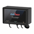 Front angled view of a black EvoHeat Evo Connect automated pump interface controller box showing labeled indicators for Heater Input, Control Input, and Pump with bottom wire connections.