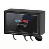 Front angled view of a black EvoHeat Evo Connect automated pump interface controller box showing labeled indicators for Heater Input, Control Input, and Pump with bottom wire connections.