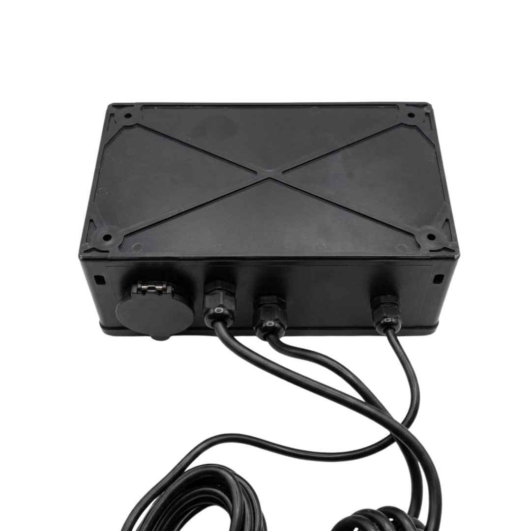 Back view of the EvoHeat Evo Connect pool heat pump controller showing cable glands, covered outlet port, and mounting points.