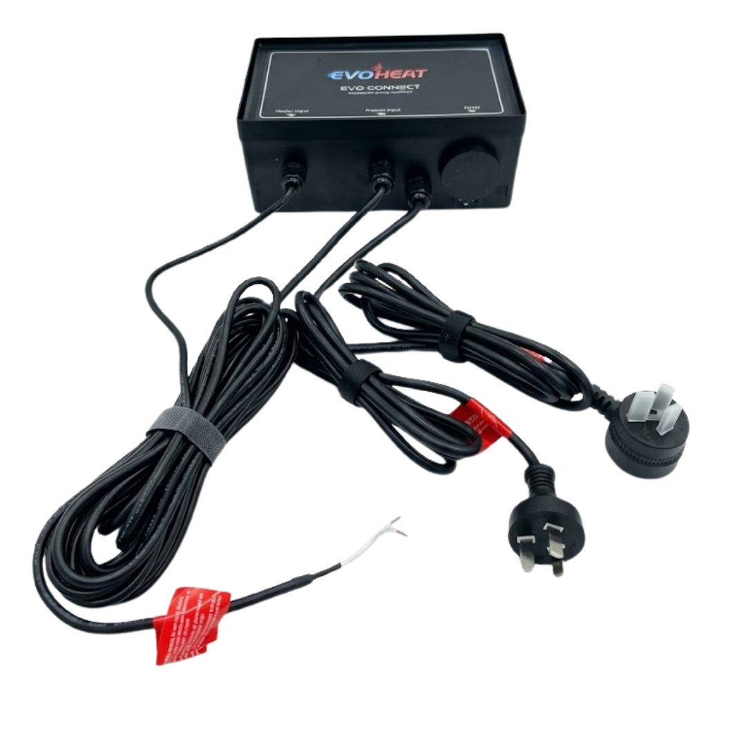 EvoHeat Evo Connect pool heat pump controller module shown with power lead, piggy-back plug, and connection cables.