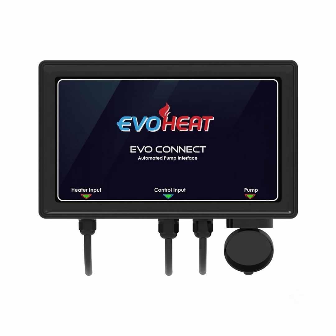 Straight front view of a black EvoHeat Evo Connect automated pump interface device with bottom cable gland entries and clear labels for Heater Input, Control Input, and Pump status.