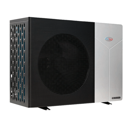 EvoHeat Force-Ai inverter swimming pool heat pump three-quarter angle view displaying the side ventilation slots, black fan grille, and silver control panel cabinet