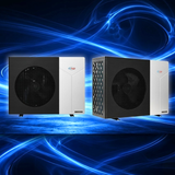 Two EvoHeat Force-Ai full DC inverter pool heat pumps displayed side-by-side from straight-on and angled perspectives against a blue abstract light wave background.