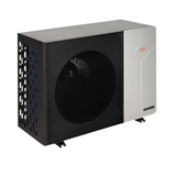 High-angle perspective view of the EvoHeat Force-Ai energy-efficient pool heat pump showcasing the top cabinet depth, horizontal black fan intake, and silver side enclosure.
