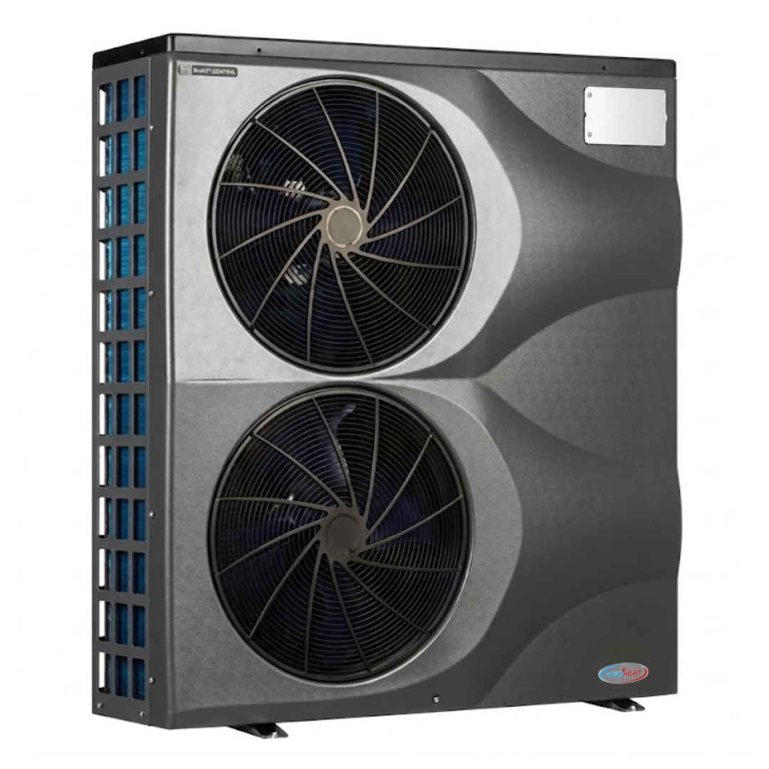Three-quarter studio view of a tall, dark grey EvoHeat Force iPro series inverter pool heat pump (model 24 or 28-3), showcasing two large vertically stacked circular front-discharge fan grilles, a rectangular control panel hatch in the top right corner, the corner brand logo, and the blue evaporator coils visible through the left side panel.