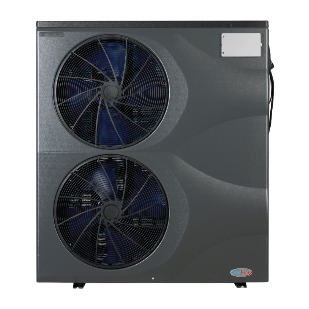 Direct front studio view of a tall, dark grey EvoHeat Force iPro series inverter pool heat pump (model 24 or 28-3), featuring two large stacked circular front-discharge fan grilles, a rectangular control panel hatch in the top right corner, and the brand logo badge on the bottom right.