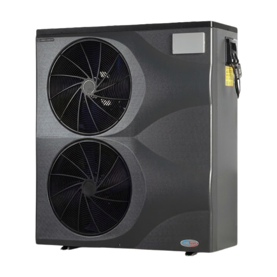 Three-quarter right-angled studio view of a tall, dark grey EvoHeat Force iPro series inverter pool heat pump (model 24 or 28-3), highlighting two large vertically stacked circular front-discharge fan grilles, a rectangular top control panel hatch, and the right side panel detailing electrical connection inlets and warning labels.