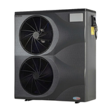 Three-quarter right-angled studio view of a tall, dark grey EvoHeat Force iPro series inverter pool heat pump (model 24 or 28-3), highlighting two large vertically stacked circular front-discharge fan grilles, a rectangular top control panel hatch, and the right side panel detailing electrical connection inlets and warning labels.