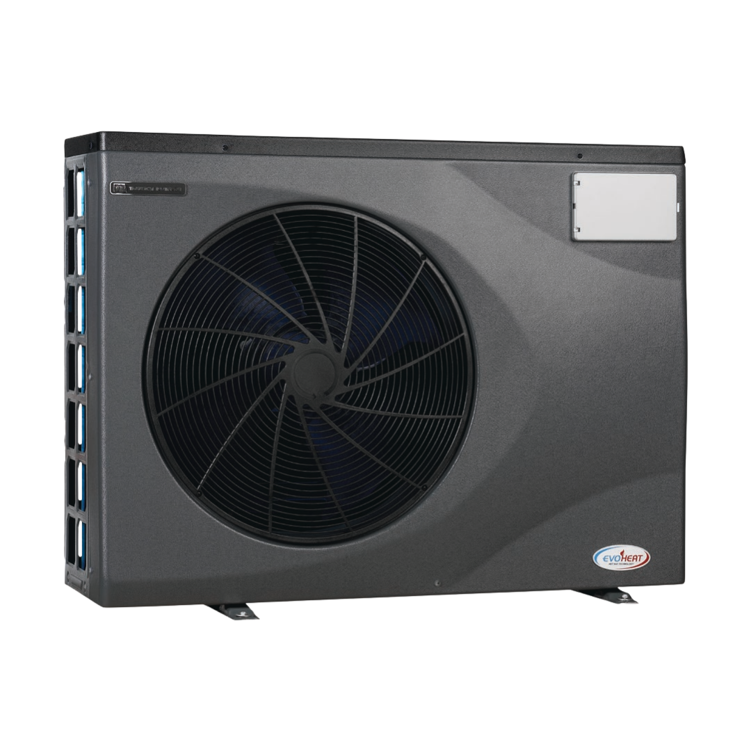 Three-quarter studio view of a dark grey EvoHeat Force iPro series inverter pool heat pump, showcasing the prominent circular front-discharge fan grille, a rectangular control panel hatch in the top right corner, the corner brand logo, and the blue evaporator coils visible through the left side panel.