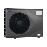 Three-quarter studio view of a dark grey EvoHeat Force iPro series inverter pool heat pump, showcasing the prominent circular front-discharge fan grille, a rectangular control panel hatch in the top right corner, the corner brand logo, and the blue evaporator coils visible through the left side panel.