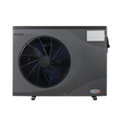 Direct front studio view of a dark grey EvoHeat Force iPro series inverter pool heat pump, featuring a large circular front-discharge fan grille, a rectangular top corner control panel hatch, and the brand logo badge on the bottom right.