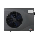 Direct front studio view of a dark grey EvoHeat Force iPro series inverter pool heat pump, featuring a large circular front-discharge fan grille, a rectangular top corner control panel hatch, and the brand logo badge on the bottom right.