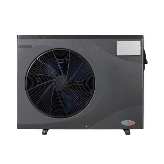 Direct front studio view of a dark grey EvoHeat Force iPro series inverter pool heat pump, featuring a large circular front-discharge fan grille, a rectangular top corner control panel hatch, and the brand logo badge on the bottom right.