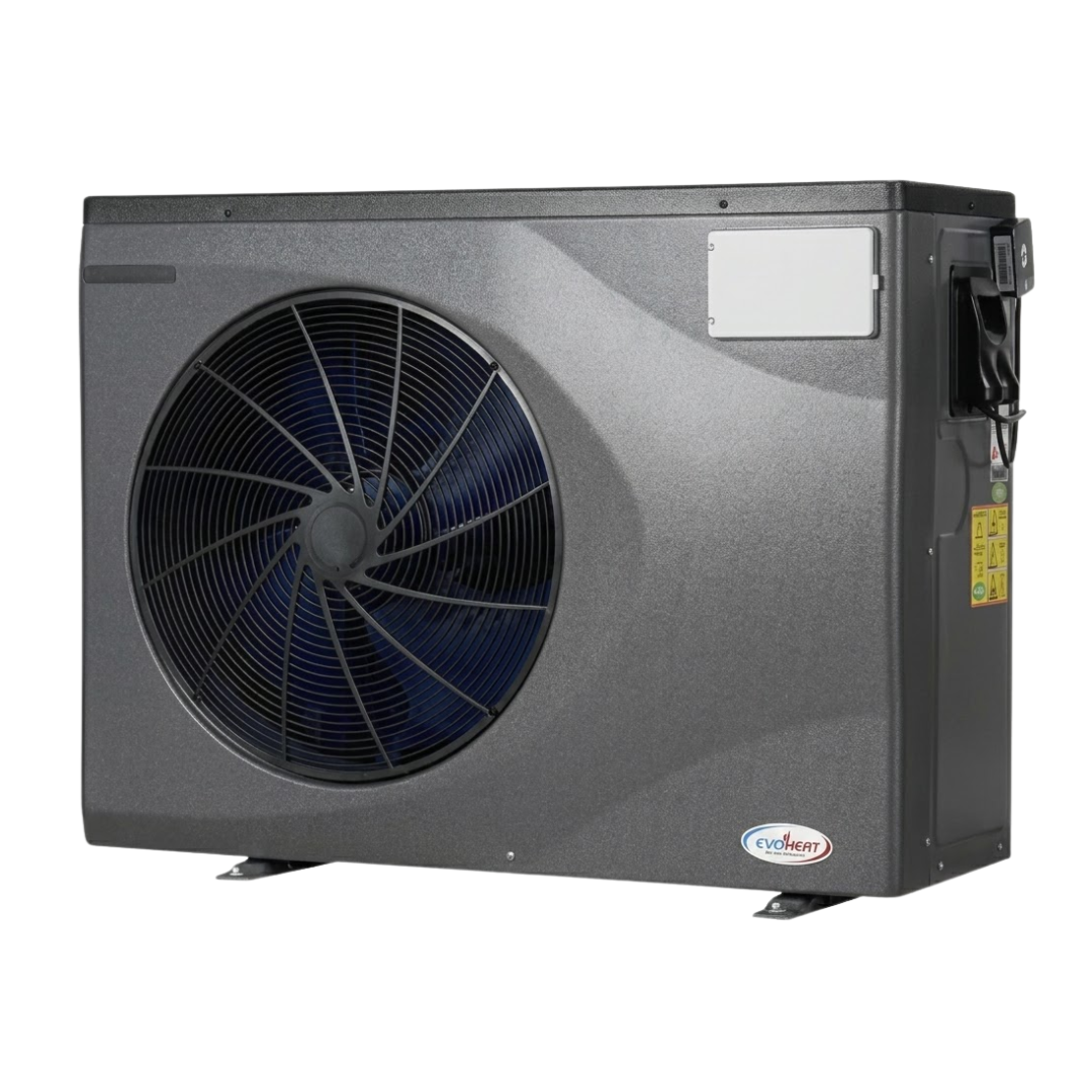 Three-quarter right-angled studio view of a dark grey EvoHeat Force iPro series inverter pool heat pump, highlighting the large circular front-discharge fan grille, a rectangular top control panel hatch, and the right side panel detailing electrical connection inlets and warning labels.