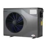Three-quarter right-angled studio view of a dark grey EvoHeat Force iPro series inverter pool heat pump, highlighting the large circular front-discharge fan grille, a rectangular top control panel hatch, and the right side panel detailing electrical connection inlets and warning labels.