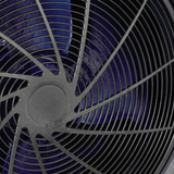 Extreme close-up view of the circular front fan grille and blue fan blades of an EvoHeat Force iPro series pool heat pump, highlighting the spiral plastic protective mesh and the directional rotation arrow on the center hub.