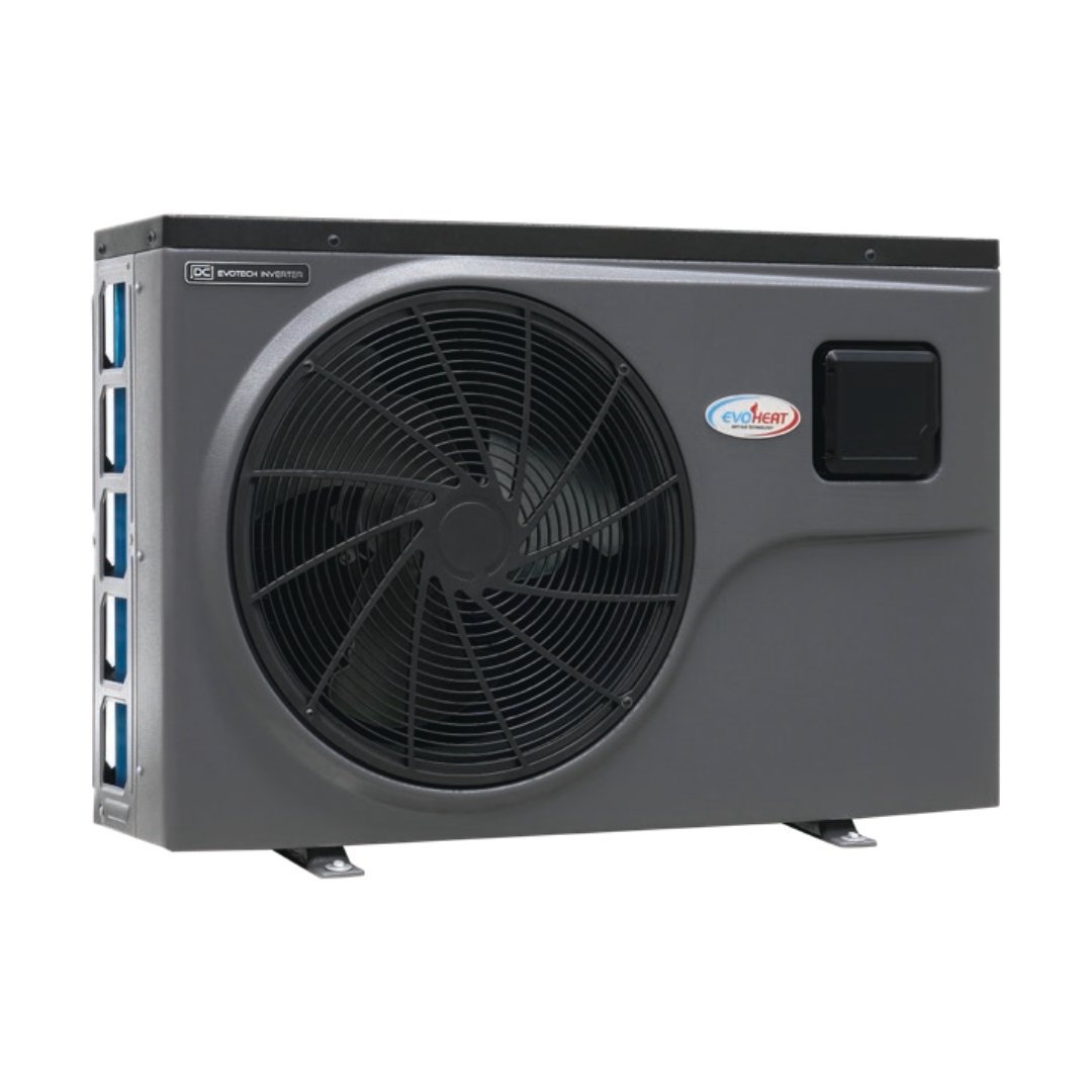 Three-quarter studio view of a dark grey EvoHeat Fusion-iPro series inverter pool heat pump, showcasing the large circular front-discharge fan grille, a square control panel hatch on the right, the brand logo emblem, and blue internal evaporator coils visible through the left side grille.