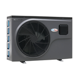 Three-quarter studio view of a dark grey EvoHeat Fusion-iPro series inverter pool heat pump, showcasing the large circular front-discharge fan grille, a square control panel hatch on the right, the brand logo emblem, and blue internal evaporator coils visible through the left side grille.