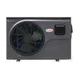 Direct front studio view of a dark grey EvoHeat Fusion-iPro series inverter pool heat pump, featuring a large circular front-discharge fan grille, the brand logo badge positioned centrally, and a small square control panel hatch on the right side.