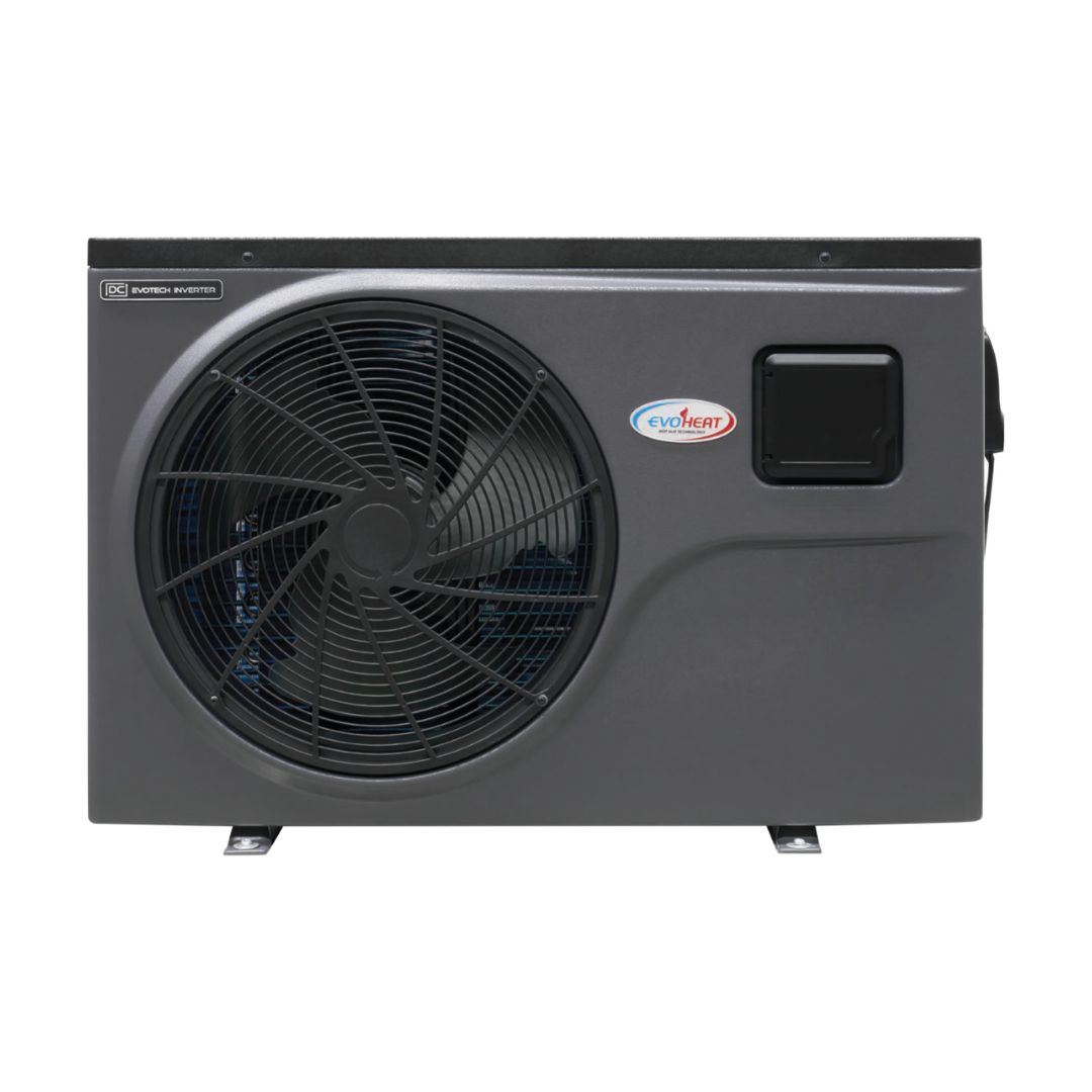 Direct front studio view of a dark grey EvoHeat Fusion-iPro series inverter pool heat pump, featuring a large circular front-discharge fan grille, the brand logo badge positioned centrally, and a small square control panel hatch on the right side.