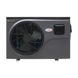 Direct front studio view of a dark grey EvoHeat Fusion-iPro series inverter pool heat pump, featuring a large circular front-discharge fan grille, the brand logo badge positioned centrally, and a small square control panel hatch on the right side.
