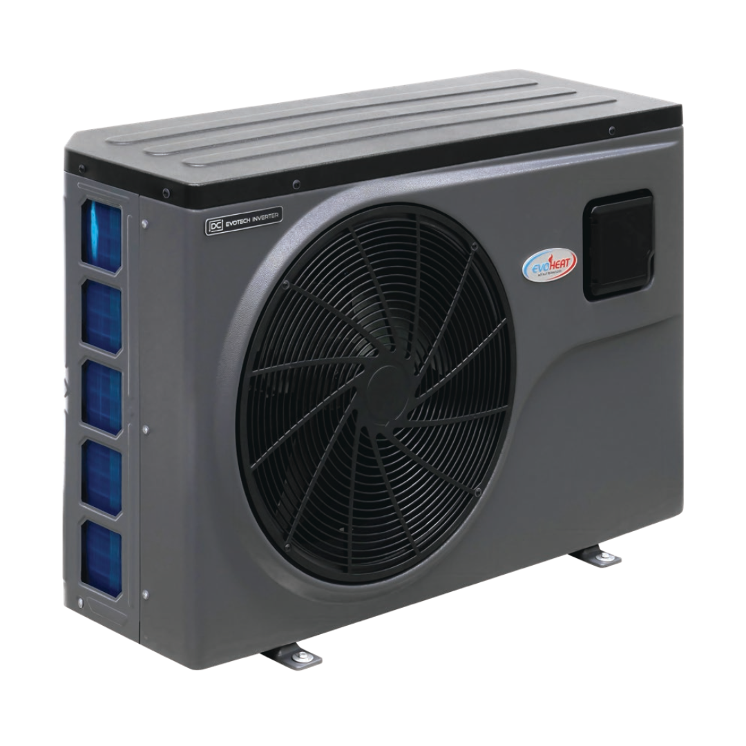 High three-quarter angled studio view of a dark grey EvoHeat Fusion-iPro series inverter pool heat pump, showcasing the top ridges, a large circular front-discharge fan grille, a square control panel hatch, the brand logo emblem, and blue internal evaporator coils visible through the left side grille openings.